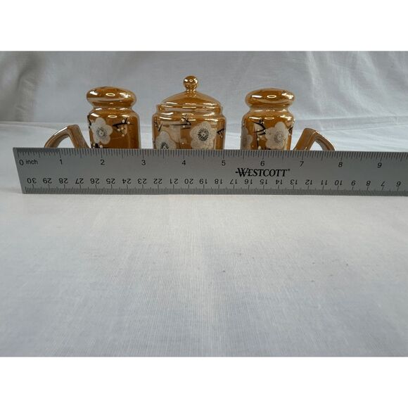 Vintage Lusterware Salt/Pepper/Sugar Set in Holder, Peach Flowers, Made in Japan - Picture 5 of 11